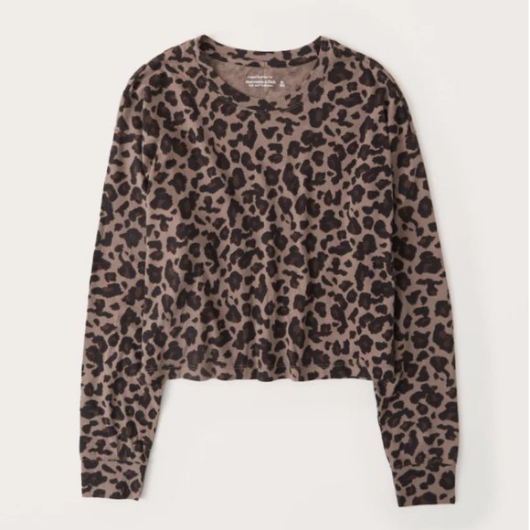 NWT A&F - Long-Sleeve Cropped Leopard Boyfriend Tee - Picture 1 of 6
